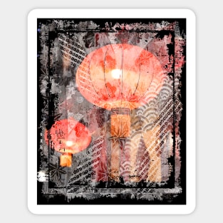 Red Japanese Lanterns Night Street Lights Lamps Collage Art 66 Sticker